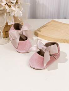 Säuglingsmädchen Samt Mary Jane Flache Schuhe mit großer Schleife Klettverschluss rutschfeste Gummisohle Säuglings Kleinkind Prinzessin Kleiderschuhe - Pink - Übersicht 4