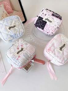 1Pc Kawaii Quilted Mini Storage Pouch With Lace-Up, Floral Bow Print Cosmetic & Sanitary Pad Bag, Portable Travel Organizer For Small Items - Multicolor - View 2
