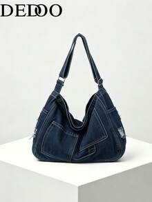 Sac messager en denim lavé classique de grande capacité, sac d'étudiant, sac en canevas japonais pour femme, sac à bandoulière minimaliste coréen - Bleu azur - Voir 2