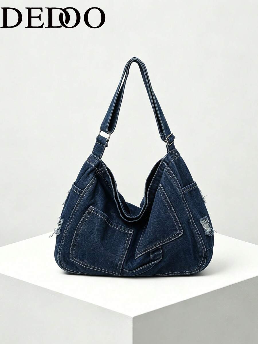 Sac messager en denim lavé classique de grande capacité, sac d'étudiant, sac en canevas japonais pour femme, sac à bandoulière minimaliste coréen