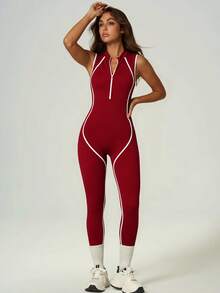 UONNOU Women's Half Zip Mock Neck Contrast White Line Sleeveless Jumpsuit, Ultra Soft High Elastic Peach Butt Lifting Seamless One Piece Gym Bodysuit - Burgundy - View 8
