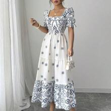 yonghongmaoyi1  Vestido casual/de trabajo de manga corta con cuello cuadrado y cintura ceñida en línea A con estampado para mujer - Rojo - Ver 4