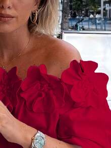 Nueva Camisa Elegante de Hombros Descubiertos con Estampado Floral 3D en Color Sólido y Versátil para Mujer - Primavera/Verano - [Rojo] - Ver 6