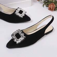 Velvet Rhinestone Square Buckle Pointed Toe Slingback Flat Shoes, French Elegant Low Vamp Flat Ballet Shoes Solid Color Fashion Rhinestone Women's Flat Shoes Wedding Spring Autumn - Black - View 2