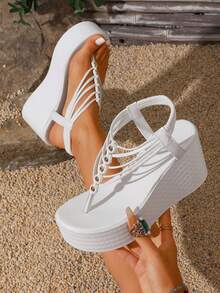 Women's Beaded Toe-Post Wedge Sandals With Elastic Strap, Versatile Summer Casual Party Commute Sandals - White - View 2