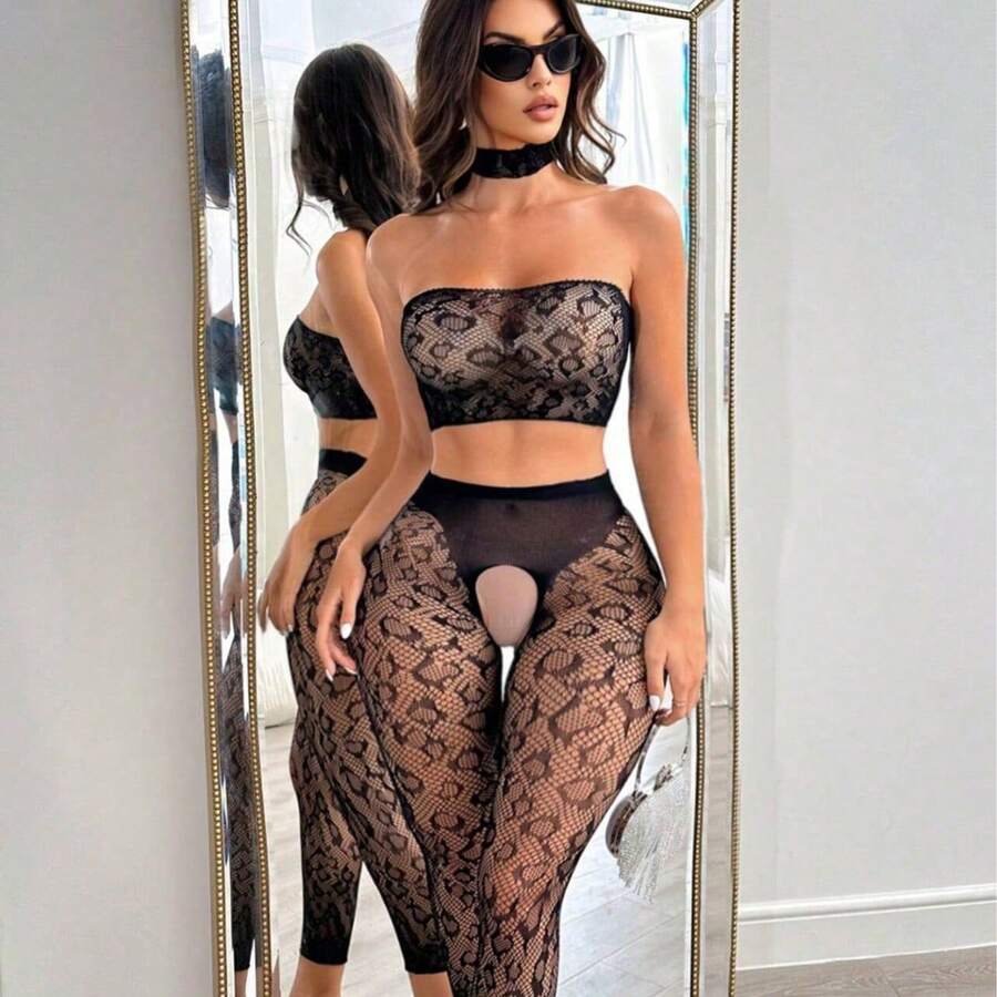 1-Piece New Leopard Print Lingerie, European And American Fishnet Stockings, Bustier Uniform, Suitable Young Women Dates, Gifts, Parties WKXI - 黑色-Black[豹紋胸衣+網襪組] - 查看 1