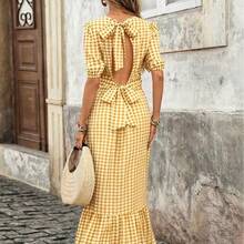 Vestido midi con espalda abierta, lazo en la cintura y mangas abultadas con estampado de cuadros retro francés para mujer - Perfecto para vacaciones y oficina AG - Amarillo - Ver 11