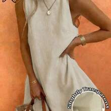 LunaCass8 Vestido casual y elegante de cuello redondo sin mangas color caqui con diseño de estrella de mar, adecuado para primavera y verano - Beis - Ver 1