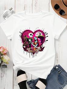 Disney Crew Neck  T Shirt Black Jack Skellington And Sally Heart Design For Casual Wear - 白色 - 查看 3
