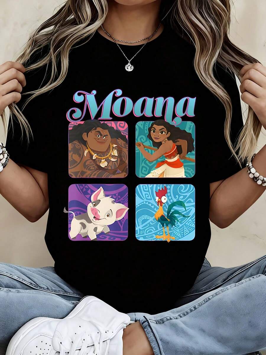 Disney Moana T Shirt Black Moana Characters And Text Design For Casual Wear - 黑色 - 查看 1