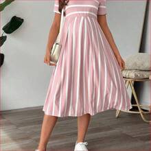 VUUG
  Vestido de maternidad casual estilo midi con cuello redondo y mangas cortas a rayas para mujeres embarazadas - Negro01 - Ver 5