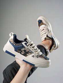 Men's Classic Leather & Mesh Patchwork Cartoon Pattern All-Season High-Top Sneakers, Outdoor Casual Skate Shoes, Preppy Style Everyday Plus Size Athletic Shoes - Milan - View 9