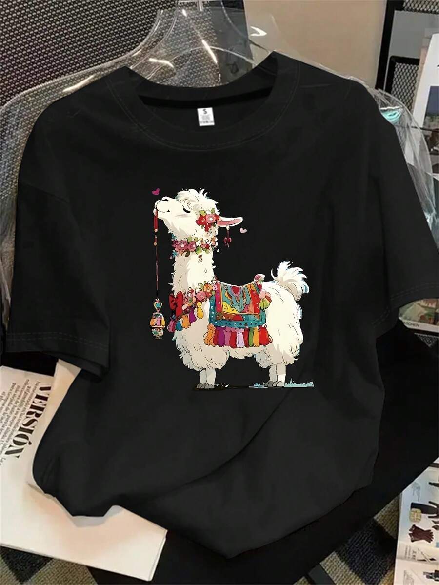 Camiseta de manga corta y cuello redondo para mujer con ilustración de un grupo de juguetes, apta para todas las estaciones. - Negro - Ver 1