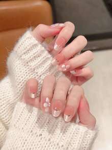 10pcs Handmade Press On Nails, Nude Cat Eye With 3D Flower Decoration, Short Oval Fake Nails For Daily Wear - Multicolor - View 5