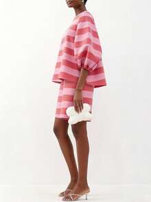 Magic Mia Striped Two-Piece Set, Puff Sleeve Loose Blouse & Matching Shorts, Casual Co-Ord For Dates, Birthday & Vacation - Pink - View 4