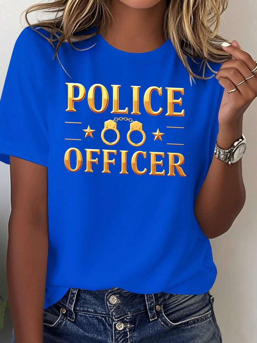 Uniforme de policía con esposas, camiseta cómoda de color sólido para mujer, camiseta estampada. - Azul - Ver 1