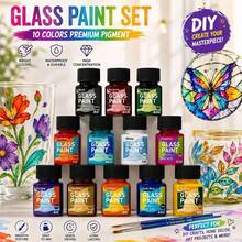 12 Colors 30ML Glass Paint Set With 2 Free Brushes, DIY Glass Painting Kit, Suitable For Glass Art, Hand-Painted Graffiti, Line Drawing And Creative Decorative Painting, Waterproof Vibrant Paint, Suitable For Crafts, Home Decor And Art Projects - Sets - View 1
