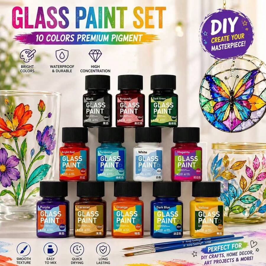 12 Colors 30ML Glass Paint Set With 2 Free Brushes, DIY Glass Painting Kit, Suitable For Glass Art, Hand-Painted Graffiti, Line Drawing And Creative Decorative Painting, Waterproof Vibrant Paint, Suitable For Crafts, Home Decor And Art Projects - Sets - View 1