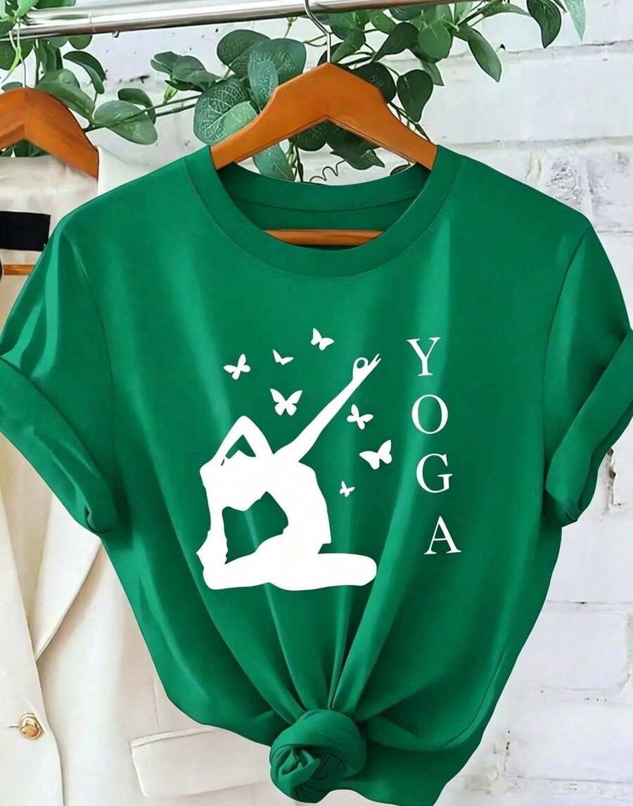 Butterfly Print Top With The Word YOGA, Short Sleeves For Summer Vacation, Casual Sporty Style, Elegant, Vintage, Loose Fit, Slimming And Versatile, 100% Cotton. Casual Blouses For Women - 綠色的 - 查看 1