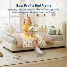 Cama plataforma baja tapizada para dormitorio – Cabecera suave de terciopelo o bouclé, esquinas redondeadas, estructura robusta, lamas de madera, fácil montaje, sin box spring - Beige doble - Ver 2