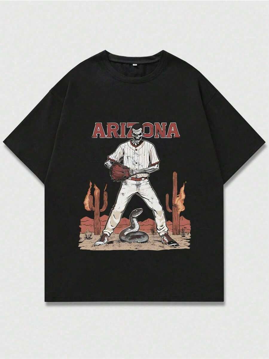 LXF2026 Casual Crew Neck Short-Sleeve Tee. Baseball Skull Design Featuring Arizona Desert And Snakes. Comfortably Soft For Everyday Wear. 100% Cotton, 220 Gsm. Perfect Thanksgiving And Christmas Gifts, Unisex. XIAM - 黑色 - 查看 1