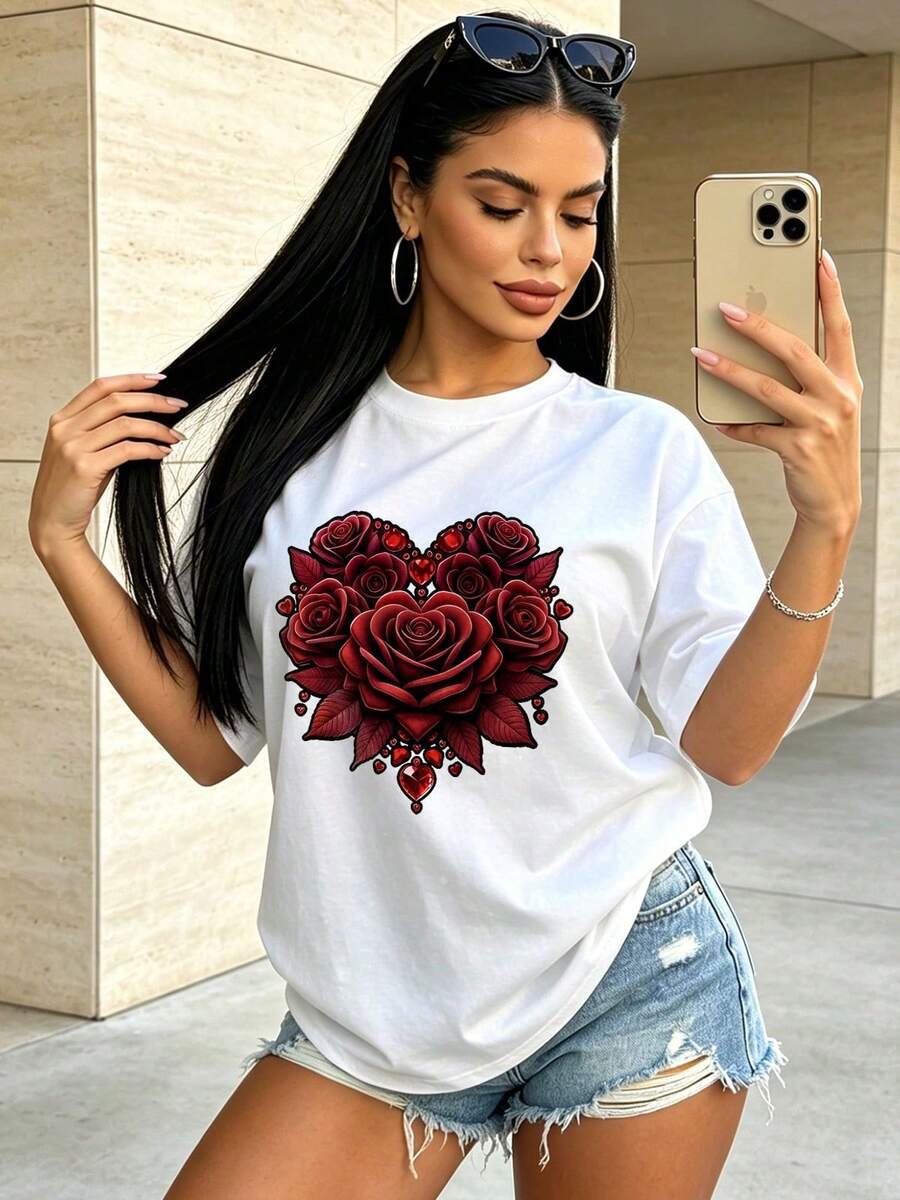 Women's Summer Casual Soft Round Neck Short Sleeve T-Shirt,Red Rose Heart Gemstone Print Graphic Suitable For Spring And Summer.White - White - View 1