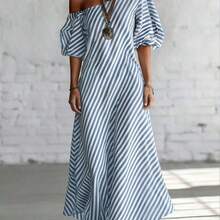 Vestido suelto asimétrico de hombro con textura de rayas de estilo retro y casual de vacaciones "Island Breeze" para mujeres AG - Multicolor - Ver 4