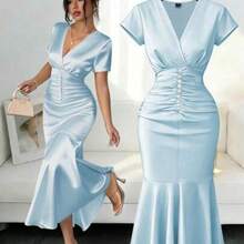 Vestido elegante y romántico de estilo francés ligero para uso diario, fiesta o citas, nuevo para primavera/verano, con decoración de perlas, dobladillo con volantes, diseño entallado de longitud media, cuello en V, unicolor, manga corta y plisado AG - Azul - Ver 1