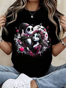 Disney Women Casual T Shirt  Jack Skellington And Sally Black Heart And Flowers Print For Halloween Party And Daily Wear - Black - View 1
