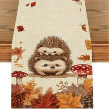 1PC Fall Hedgehog & Maple Leaves Print Table Runner, Rustic Farmhouse Style Multi-Size Table Runner, Machine Washable Dining Table Scarf For Thanksgiving, Autumn Harvest, Everyday Home Decor - Multicolor - View 3