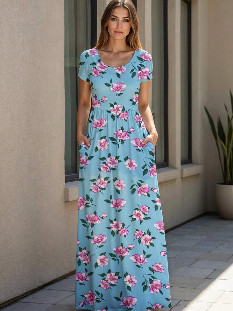 Vestido Largo Casual Cuello Redondo De Manga Corta Holgado Para Mujer