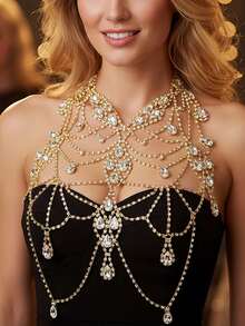 1 pieza Top de cadena de pecho con gota de agua de strass sexy, accesorio de cadena corporal para fiesta de discoteca - Dorado - Ver 2