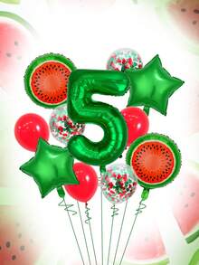 11pcs 32-Inch Red & Green Number Balloon Set, 18-Inch Watermelon Foil Balloon, Star Balloon, 12-Inch Red & Green Foil Confetti Transparent Latex Balloon, Suitable For Birthday Party, Watermelon Party, Summer Party Decoration - Multicolor - View 6