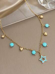 1 Peça Colar Dourado com Pingente de Estrela e Lua em Turquesa Banhado a Ouro 18k em Aço Inoxidável, Joia em Aço Inoxidável, Colar e Pingente, Colar Feminino, Colar em Aço Inoxidável, Joia Banhada a Ouro, Adequado para Uso Diário, Encontros, Festas, Temporada de Férias, Joia de Verão, Joia de Praia, Acessórios de Praia Femininos, Joia Boêmia, Presente de Aniversário, Presente para Namorada - Multicolorido - Visão 12