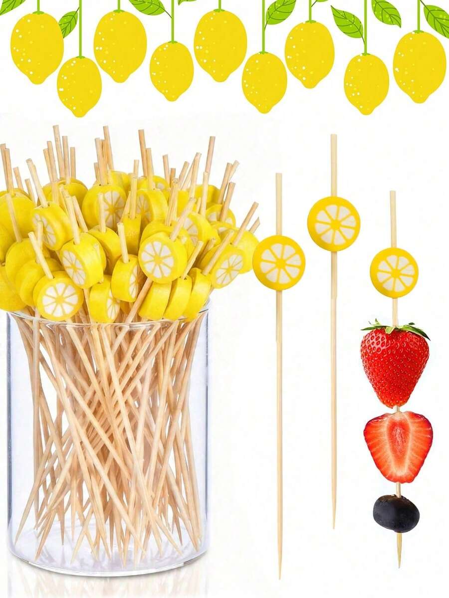 100pcs Lemon Theme Toothpick Set, Suitable For Appetizers. Made Of 4.7 Inch Bamboo Toothpicks, Perfect For Summer Parties, Holidays, Graduation Celebrations, Cakes And Desserts, Fruit Platters And Christmas Party Decorations. - Multicolor - View 1