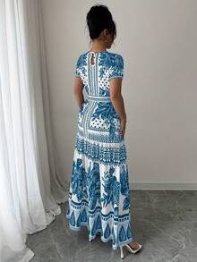 Vestido de Moda Oriental con Estampado Floral y Cinturón Ajustable para Mujer, Escote Redondo - Negro - Ver 11