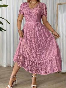 Plus Size Women's Long Dress, Elegant And Simple With Lace Details, Ideal For Holidays Or Parties, Belt Not Included - 鵝黃色 - 查看 5