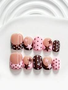 10片可愛手工穿戴甲，Polygel美甲套組，手繪星星與波點圖案，棕色與粉色指甲油，鮮豔風格，含美甲工具，3種尺寸可選：方形、短方形、杏仁形，適合派對、跳舞、日常配戴 - 彩色 - 查看 16