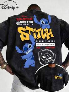 Disney Licensed Lilo & Stitch Graphic T-Shirt, Men's Retro Washed Black Crew Neck Tee, Casual Loose Fit Streetwear Top - Black - View 1