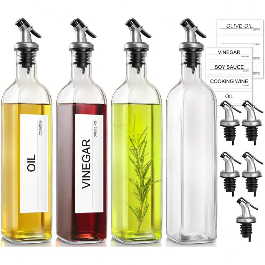 Olive Oil Dispenser For Kitchen, 4 Pack 17 Fl Oz Glass Oil Dispensers Bottle, Cooking Soy Sauce Bottle Container Cruet With Plastic Pourer Spout, Funnel And Labels, Clear - Clear - View 1