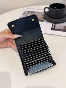 New Women's Brown PU Floral Print Pattern Small Accordion Card Holder, Multi-Slot Fashion Versatile Anti-Theft Card Storage Pouch With Flap, Vintage Lightweight Handheld Bag - Black - View 5