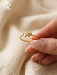1pc Customized Initial Heart Ring, Couple Initial Ring, Customized Letter Ring, Thin Customized Ring, Stackable Engraved Ring, Anniversary Gift - Multicolor - View 6
