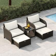 5-tlg. Polyrattan Gartenmöbel Set, Platzsparendes Outdoor Lounge Set mit Glastisch & versteckten Hockern, Wetterfest für Balkon & Terrasse - Beige - Übersicht 1