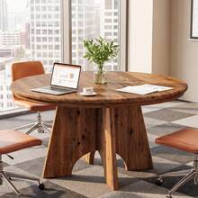 Tribesigns 47" Solid Wood Round Conference Table For 4-6 People, Farmhouse Meeting Table With Thicken Tabletop, Circle Office Table For Conference Room, Breakroom, Training, Negotiation, Brown - A - 查看 2