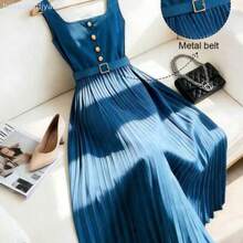Vestido largo de línea A con cuello cuadrado, sin mangas, con cinturón y decoración de botones, con estampado floral índigo, versátil para ir al trabajo, primavera/verano DG - Azul - Ver 1