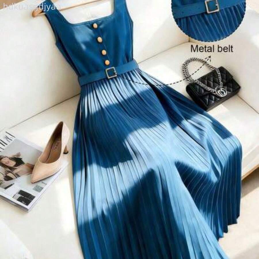 Vestido largo de línea A con cuello cuadrado, sin mangas, con cinturón y decoración de botones, con estampado floral índigo, versátil para ir al trabajo, primavera/verano DG - Azul - Ver 1