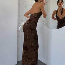 guangzhougaolangshangmao  Nuevo vestido elegante y romántico con cuello en V, estampado floral efecto tie-dye, ajustado, color marrón, vestido de verano, atuendo para playa y vacaciones - Marrón - Ver 6