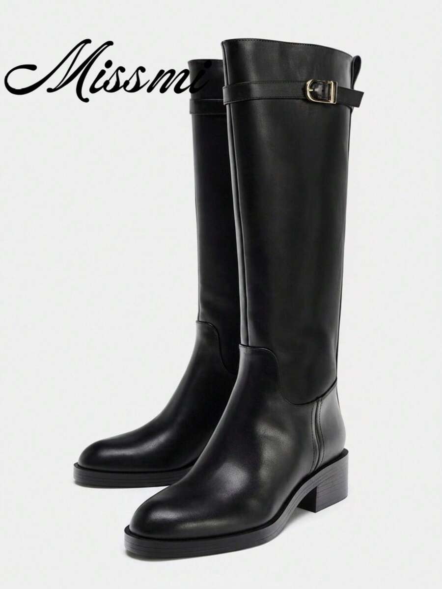 New Round Toe Chunky Heel Ankle Boots, British Style Buckle Decor Riding Boots, Flat Non-Over Knee Long Boots, Autumn/Winter - Black - View 1
