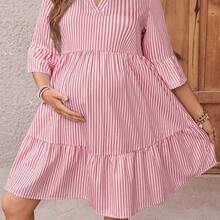 Vestido camisero de manga corta con cuello alto y rayas para maternidad - naranja - Ver 4