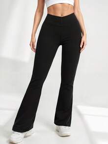 Women's High-Waisted Flannel Flare Pants In Fleece-Lined Thermal Spandex - Black - View 3
